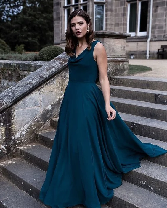 Exclusive Designer Style Deals Summer Fashion Simple Cowl Neck Chiffon A-line Bridesmaid Dress Prom Dress   cg15016