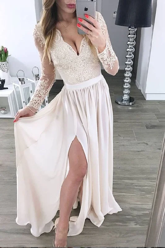 Imeless Style Vintage Elegance V Neck Prom Dress,Lace Prom Dress,Long Sleeve Prom Dress,Chiffon Evening Dress,Ball Dress,Bridesmaid Dress cg2006