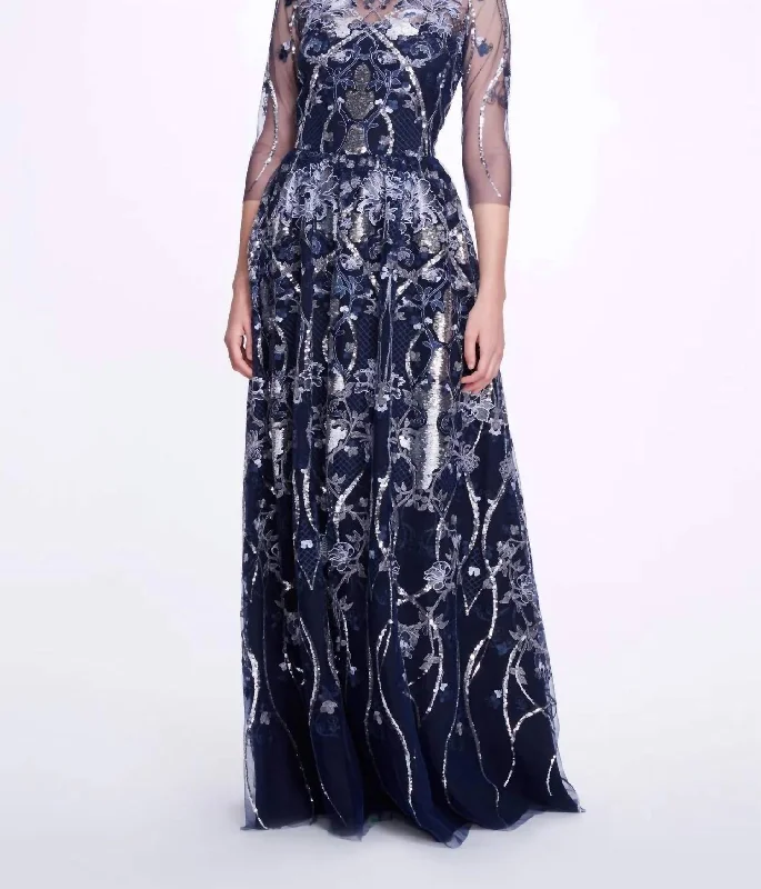 Romantic Fashion Discounts Chic Urban Fashion Look Embroidered-Tulle Boatneck Gown In Navy