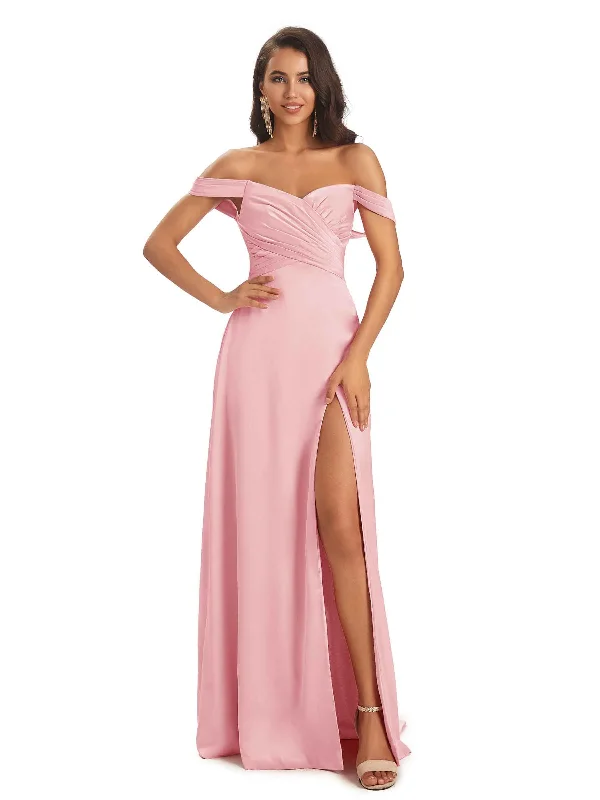 Top Deals Today Only Sexy Side Slit Off The Shoulder Long Soft Satin Womens Wedding Guest Dresses