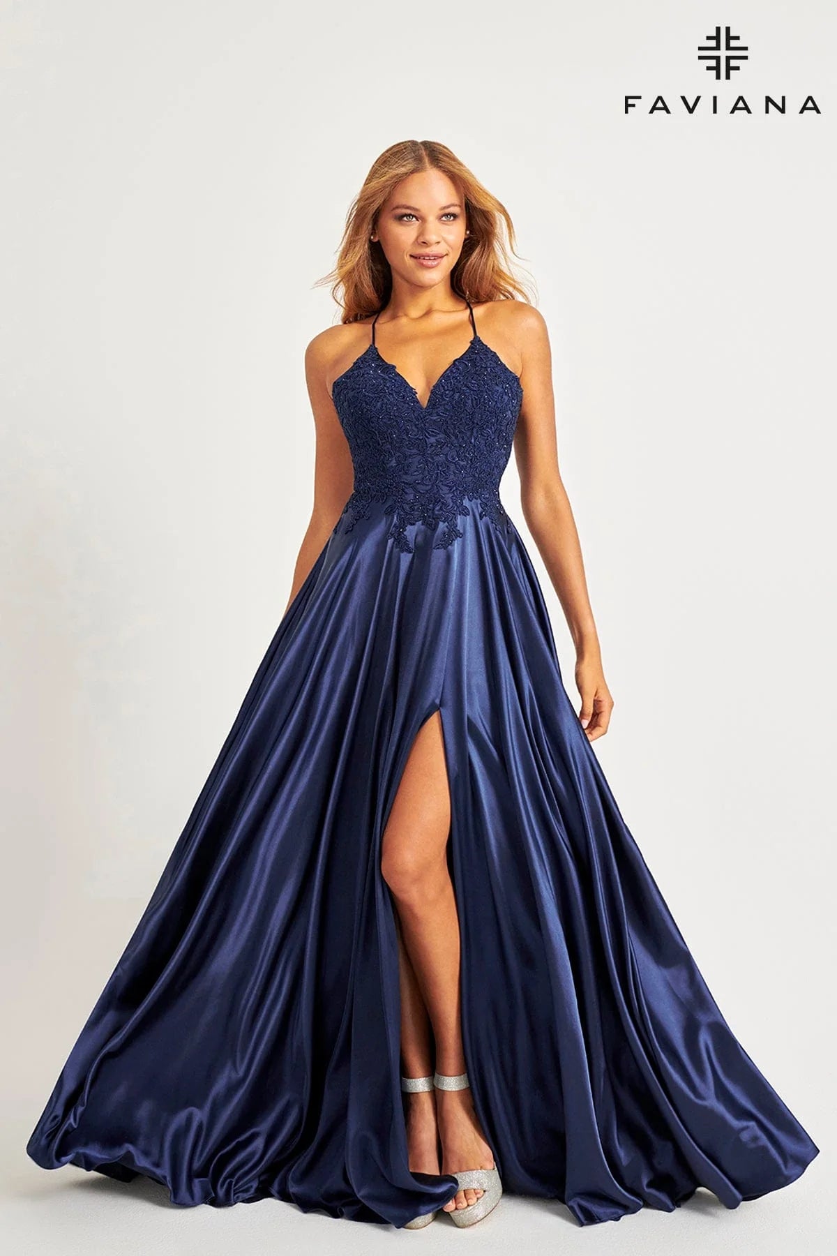 Winter Warehouse Sale Effortless Comfort Faviana S10400 Satin Beaded Gown with Lace-up Back