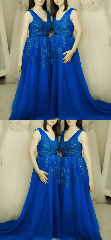 Sustainable Fashion Extravaganza Fashion-Forward Style Prom Dresses Elegant Royal Blue Bridesmaid Dresses Lace Appliques V Neck    cg20542