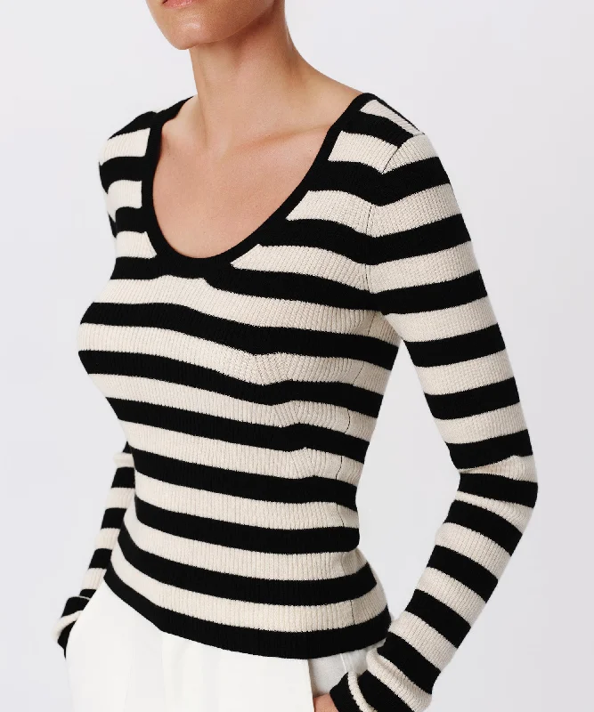 Trend Leading Collection Parisian Effortless Chic Style Wool Blend Striped Long Sleeve Sweater - Black-Chalk