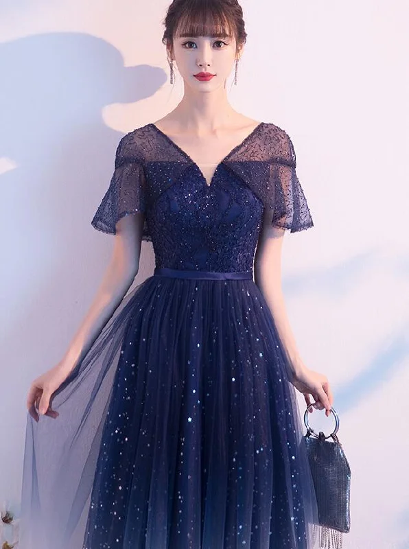 Top Brand Discounts Graceful Drape Navy Blue Gradient V-Neckline Shiny Tulle A-Line Prom Dress Party Dress, Blue Tulle Short Bridesmaid Dress       cg22963