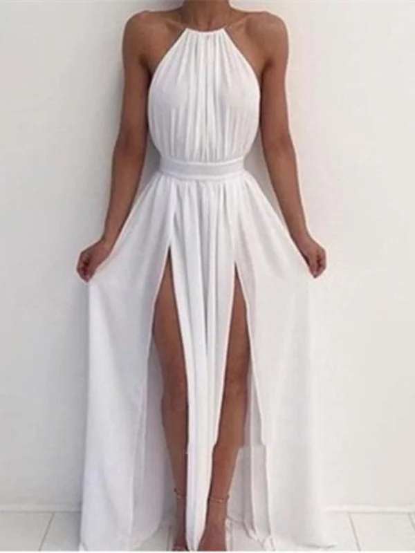 Elegant Style Romantic Date - Night Ensemble A Line High Neck White Backless Prom Dresses, White Backless Formal Dresses, Bridesmaid Dresses