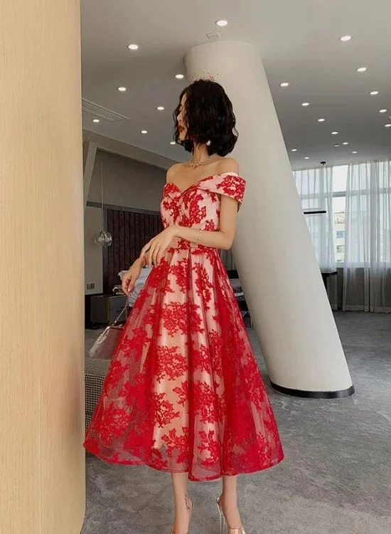 Don't Miss Out Feminine Soft - Hued Look Red Lace Off Shoulder Tea Length Bridesmaid Dress, Lace Party Dress Prom Dress   cg18387