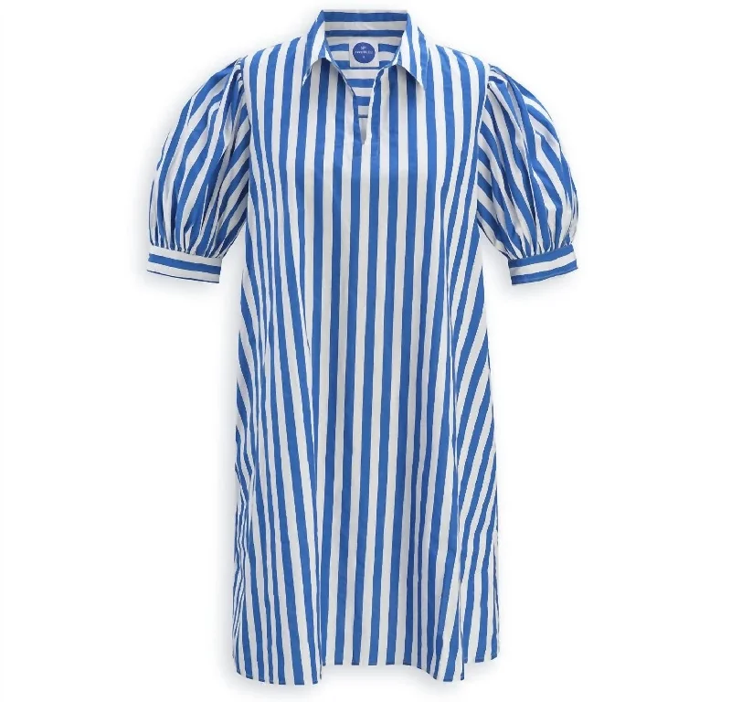 Budget Saver Art Deco Geometric Pattern Look Puff Sleeve Shirt Dress In Royal Stripe