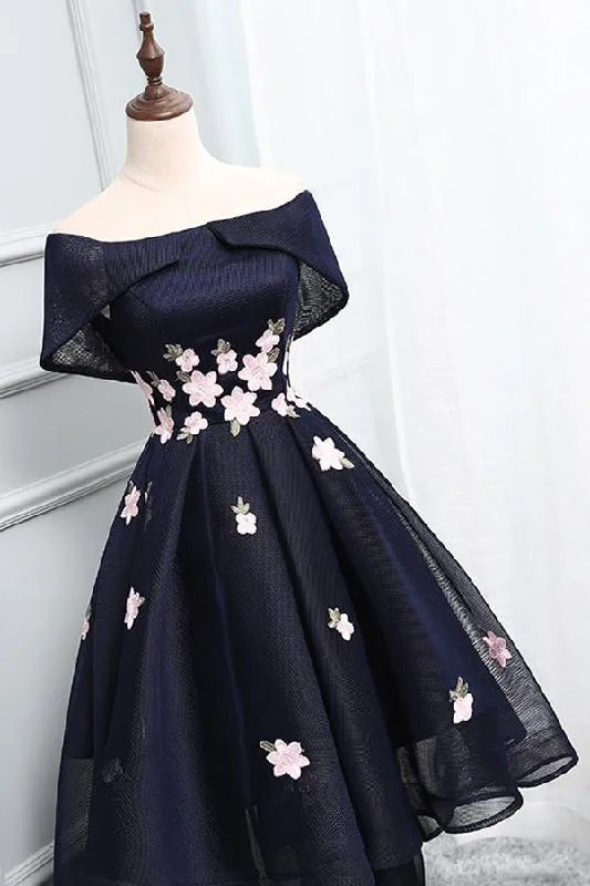 Special Offers Flowing Silhouette Roycebridal Unique A-Line High Low Off The Shoulder Lace Up Navy Blue Elegant Prom Dresses With Appliques