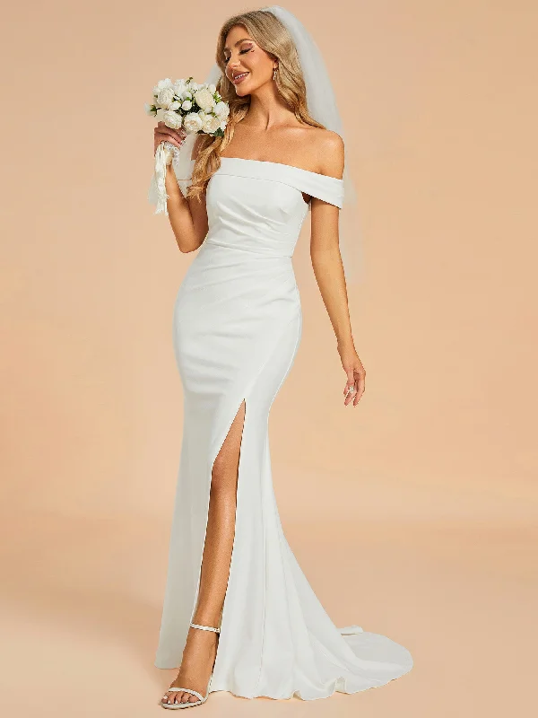 Fashion Forward, Function First Romantic Flair Maxi Long Side Split Wholesale Wedding Dresses With Off Shoulder