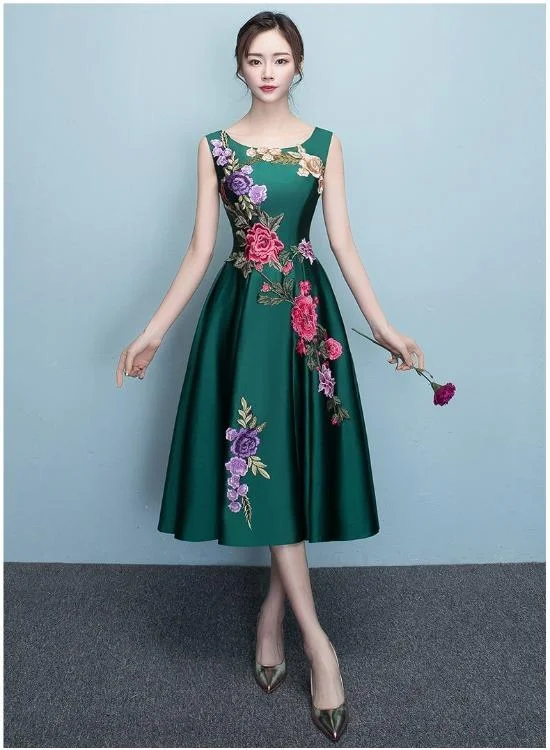 Limited Time Flash Sale Vintage Elegance Lovely Dark Green Tea Length Simple Satin Bridesmaid Dress Prom Dress    cg22223