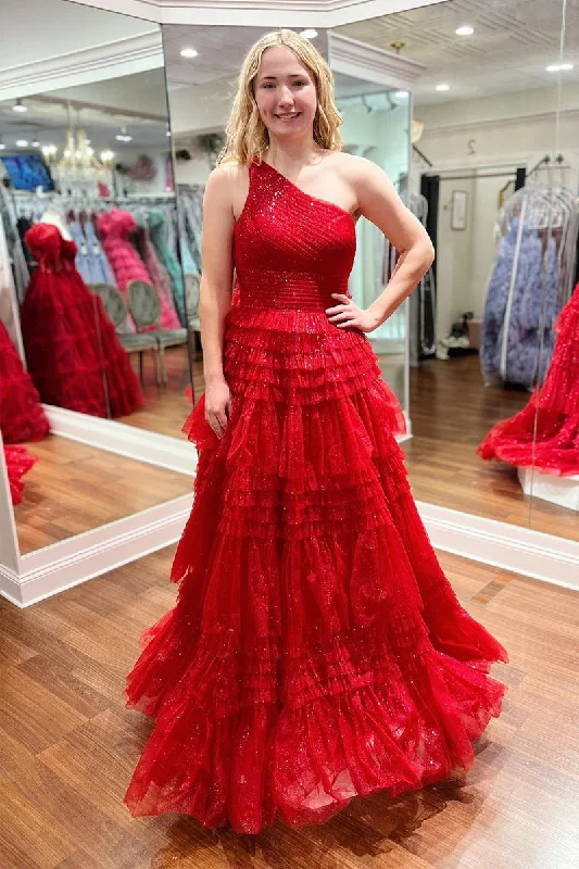 Discover Now Contemporary Chic Roycebridal Sparkly Red One Shoulde Ruffle Tulle A-Line Long Prom Dresses