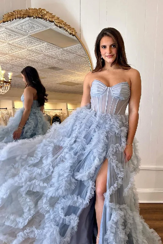 Find Your Unique Flair Disco - Inspired Retro Dance Look Roycebridal Blue Strapless Ruffle Tulle A-Line Long Prom Dresses with Slit