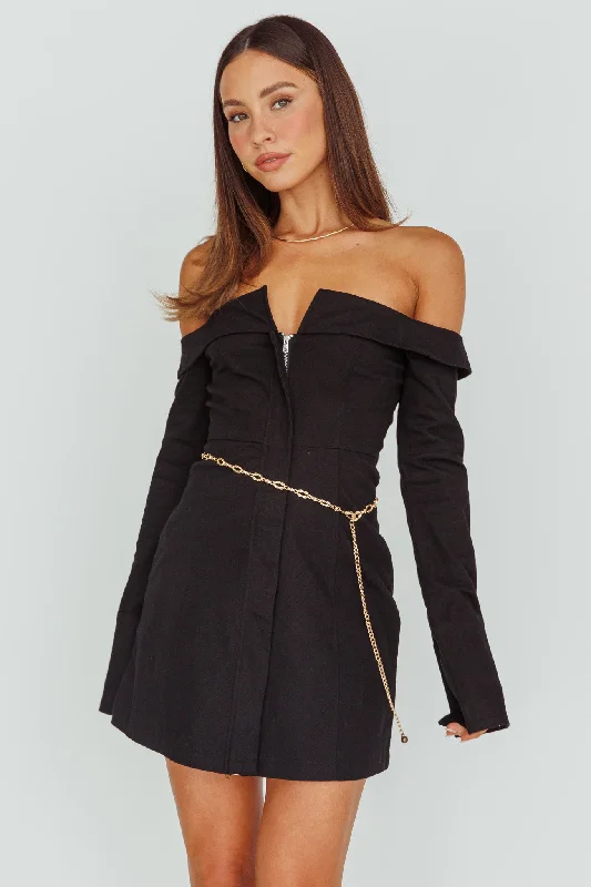 Best Deals Of The Season Chic Allure Tamra Long Sleeve Off-Shoulder Zip Dress Black