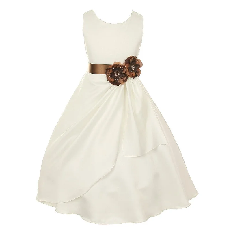 Chic Trend Collection Rustic Countryside Charm Look Little Girls Ivory Mocha Bridal Dull Satin Sequin Flowers Occasion Dress 2-6