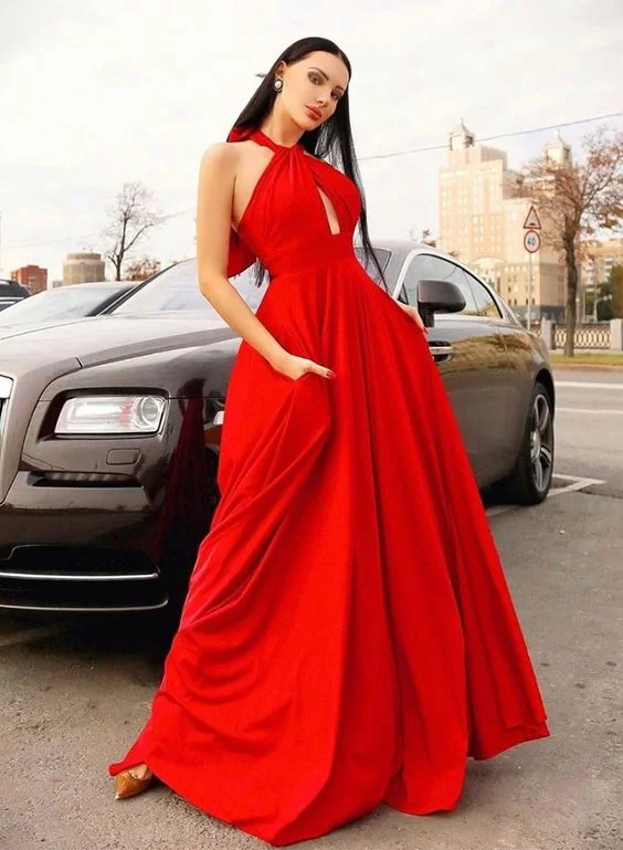 Buy More, Save More Weekend Special Red Hanging Neck Open Back Long Prom Dress, Bridesmaid Dress    cg13780