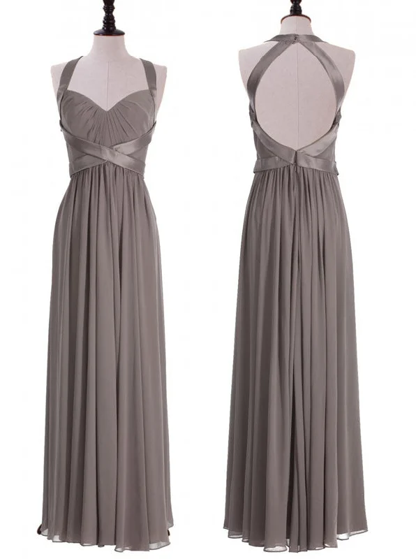 Chic Style, Always In Vogue Flowy Fabric Elegant Halter A-Line Floor Length Grey Bridesmaid Dress