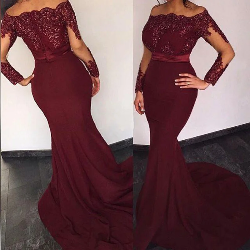 Stay Ahead In Style Classic Timeless Elegant Style Burgundy Mermaid off the shoulder bridesmaid dresses long ,formal gowns 2020,long evening dresses