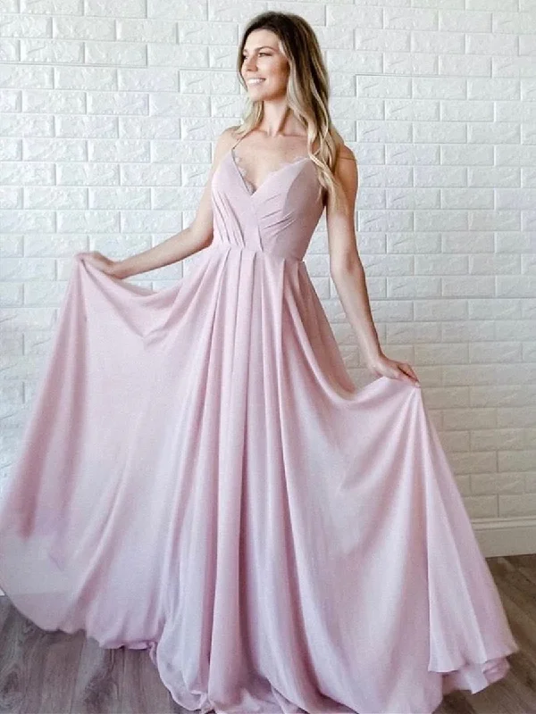 Style Redefined Romantic Detailing Simple A Line V Neck Pink Long Prom Dresses, V Neck Pink Formal Graduation Evening Dresses, Pink Bridesmaid Dresses