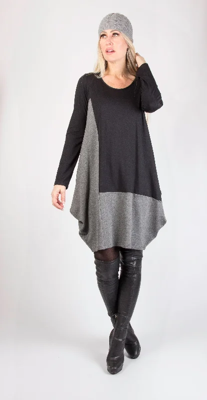 Sophisticated Street Style Offers Artful Design Black and Charcoal Long Sleeve Dress