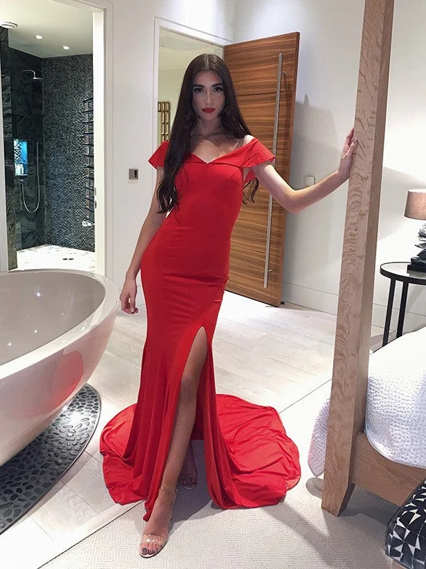 Flash Sale, Don'T Miss Casual Elegance Sheath/Column Spandex Ruched Off-the-Shoulder Sleeveless Court Train Dresses Prom Dress    cg19524