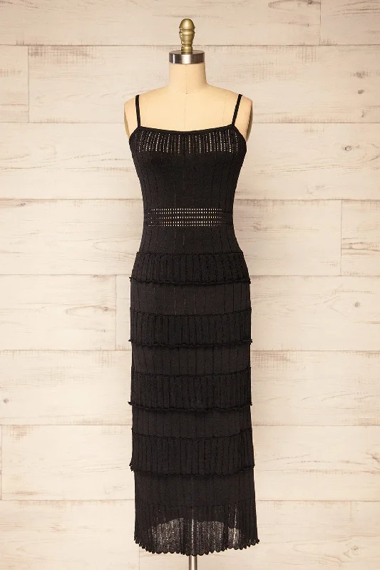 Unleash Your Fashion Boho Chic Rotherwick | Black Knit Openwork Midi Dress