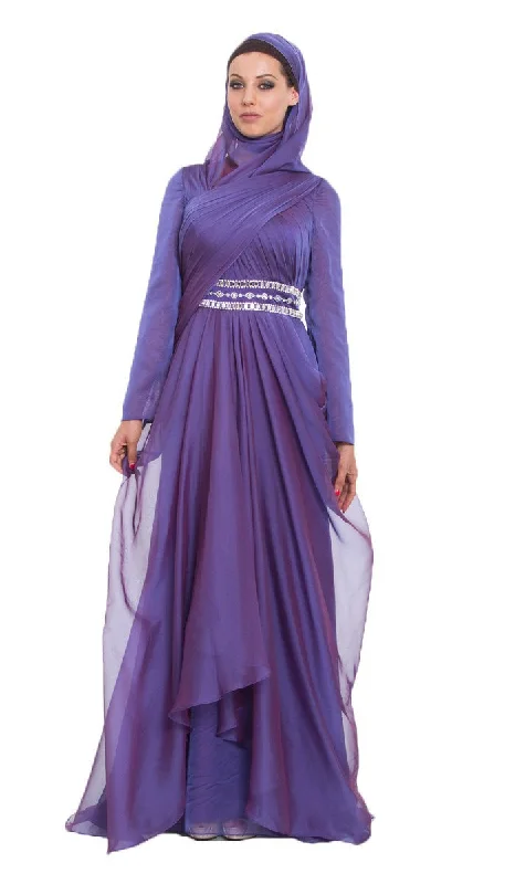 Low Price Special Contemporary Elegance Michel Long Sleeve Silk Chiffon Modest Muslim Formal Evening Dress - Purple - FINAL SALE