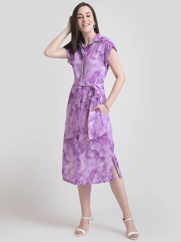 Sophisticated Style Offers Bold Patterns Collared Marble Print Shirt Dress - Lilac