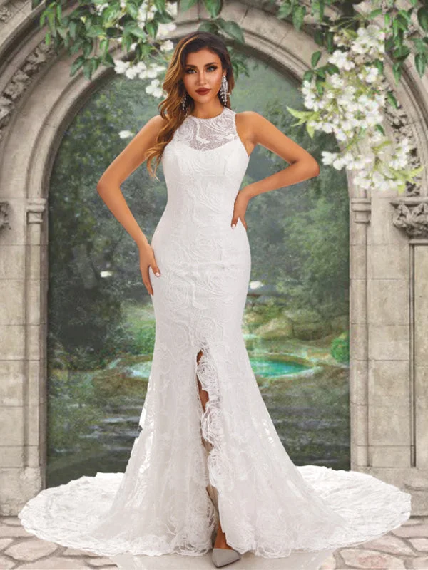 Summer Deals Feminine Elegant Halter Jewel Neck Lace Open Back Side-slit Mermaid Long Wedding Dress, WD3092