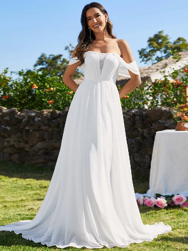 Classic Chic Deals Bold Silhouette Off Shoulder Chiffon Wholesale Wedding Dressees With Half Sleeves