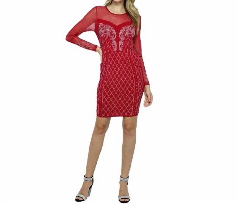 Premium Style Urban Sophistication Long Sleeve Dress Embellished With Rhinestones In Red