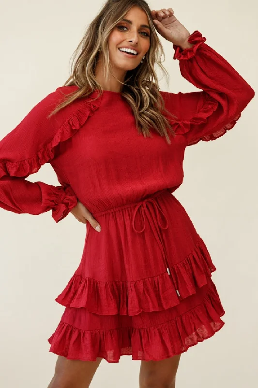 Top Deals Charming Silhouette Best Wishes Long Sleeve Frill Detail Dress Wine