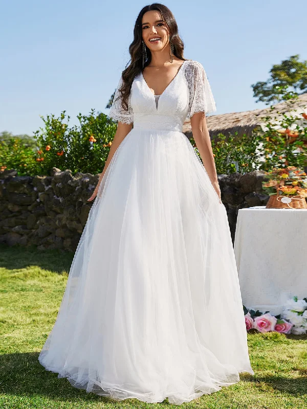 The Latest Fashion Trends Grab Romantic Date - Night Styles Now A-line V-Neck Lace Wholesale Wedding Dresses With Embroidery