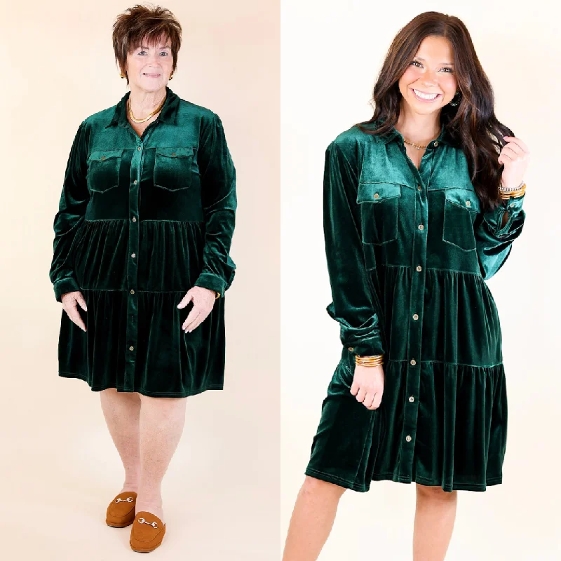 Snag Fabulous Fashion Bargains Bold Patterns Grateful Gathering Velvet Button Up Dress with Long Sleeves in Emerald Green