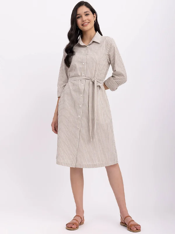 Luxury Fashion Flowy Fabric Cotton Striped Shirt Dress - Beige