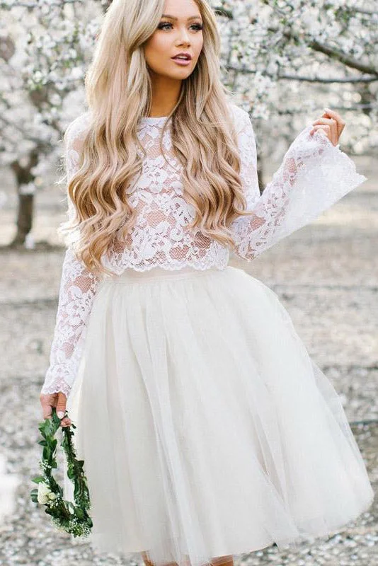 Exclusive Deals Online Elegant Details Ivory Two Piece Long Sleeves A Line Tulle Homecoming Dresses