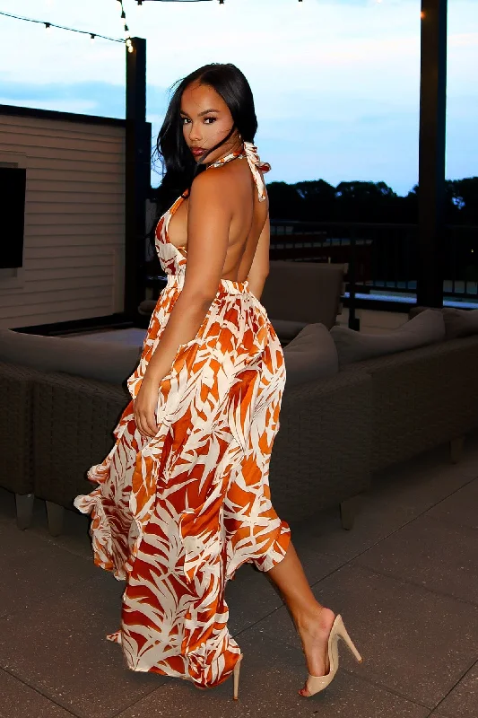 Chic Style, Always In Vogue Statement Piece That Summer Satin Print Halter Ruffle Maxi Dress