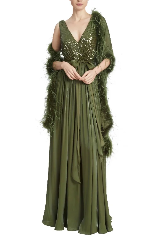 Modish Fashion Discounts Coastal Beach - Inspired Style Sequin Feather Wrap Gown In Moss