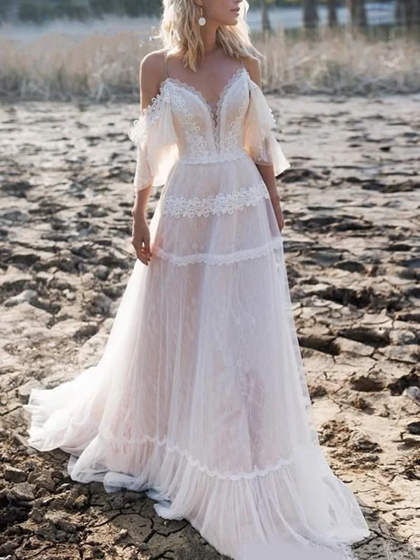 Clearance Sale, All Cheap Dreamy Aesthetic Spaghetti Strap Lace Off-shoulder Blush Open Back A-line Long Wedding Dress, WD3036