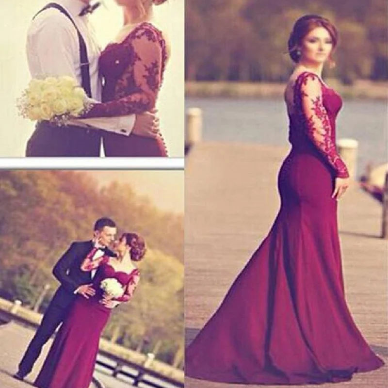 Fresh Fashion Discounts Classic Charm Burgundy Jersey Long Sleeve Lace Wedding Dresses, Popular Prom Dresses, WD0060