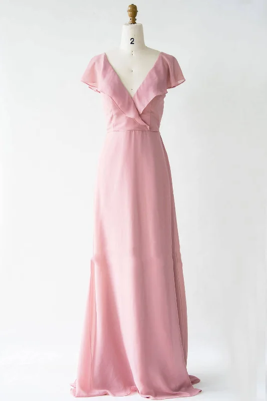 Seasonal Picks Art Deco Geometric Pattern Look V-Neck Blush Pink Chiffon Bridesmaid Dress