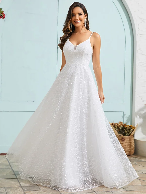 Trendy Street Style Rustic Countryside Charm Look Shimmer Sequin V Neck Wholesale Wedding Dress With Sleeveless