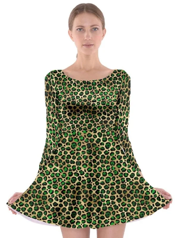 Big Savings Alluring Design GOLDEN LEOPARD Long Sleeve Skater Dress