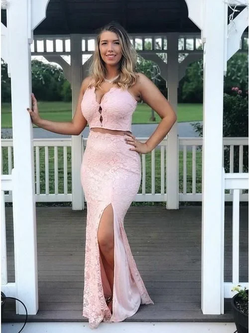 You'Ll Love Us Because Polished Finish Mermaid Two-Pieces V-neck Sleeveless Split Lace Prom Dress   cg12500