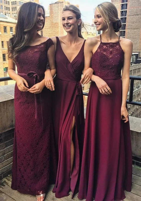 Summer Fashion Flowy Fabric Wine Red Lace Halter Bridesmaid Dress Long Burgundy V Neck Cheap Wedding Party prom Gowns   cg18217