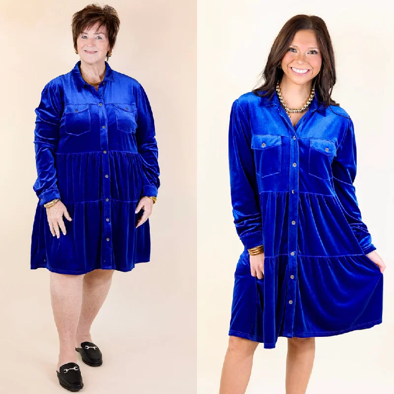 Forward Trendsetter Graceful Drape Grateful Gathering Velvet Button Up Dress with Long Sleeves in Royal Blue