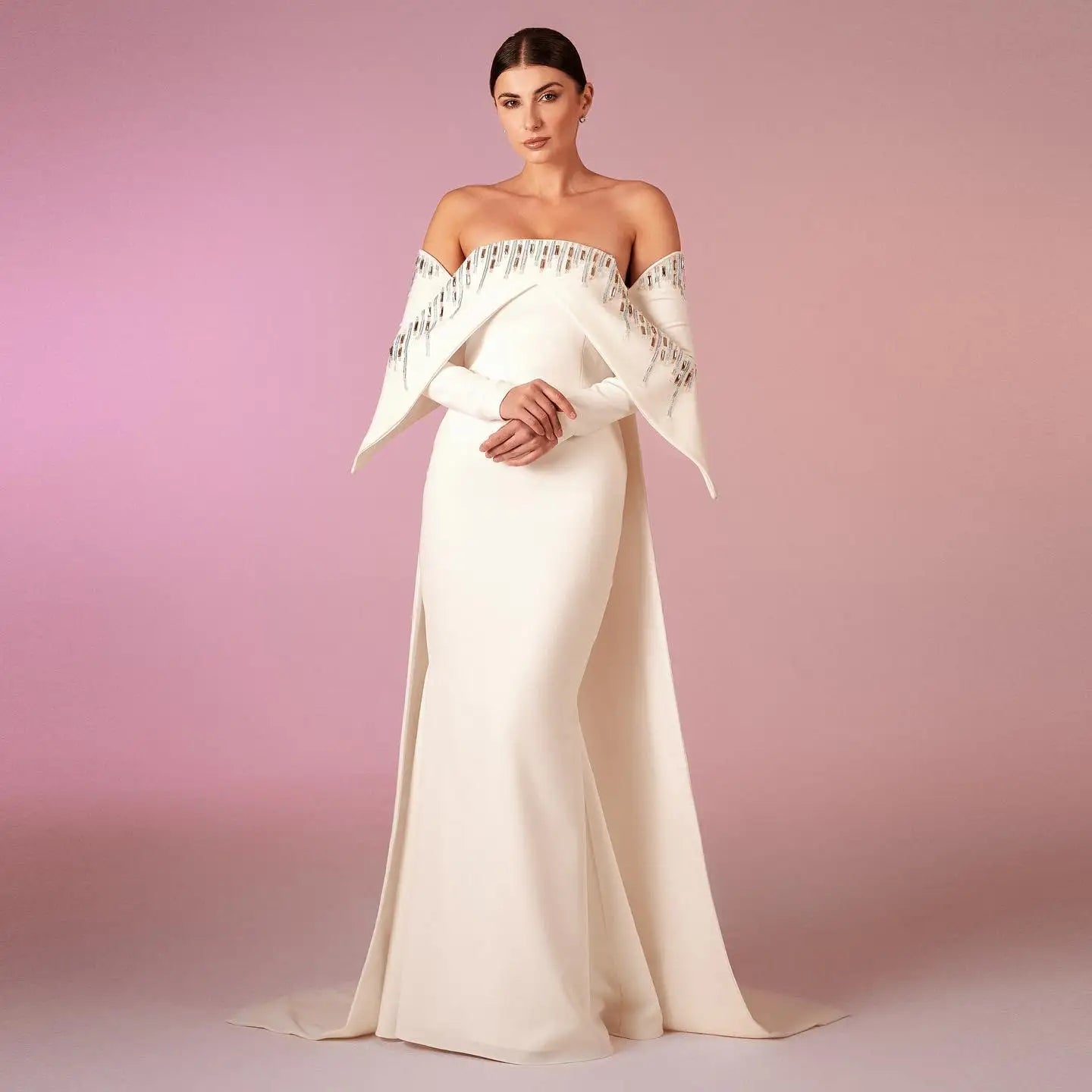 Fashion Forward Femininity Bohemian Vibe Elegant Off White Mermaid Dubai Evening Dress with Cape Long Sleeves Off Shoulder Arabic Wedding Party Gowns