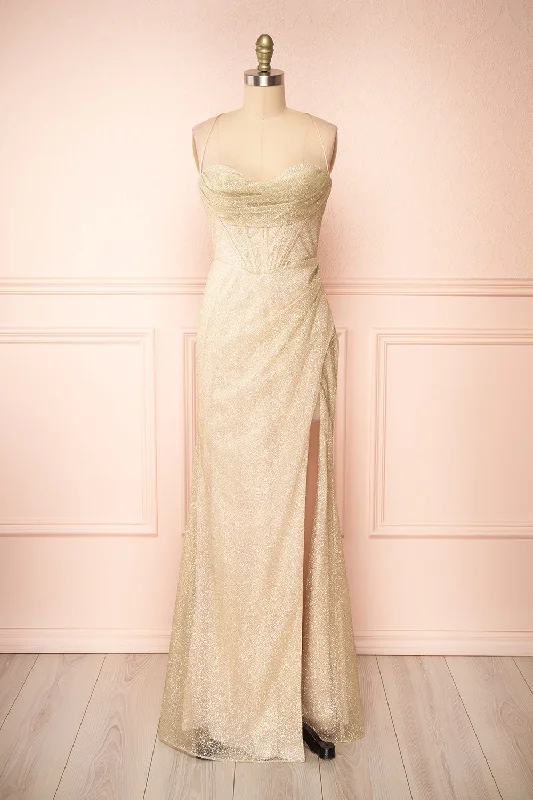 Easy Elegance Sales Elegant Details Frosti Champagne | Sparkly Cowl Neck Maxi Dress