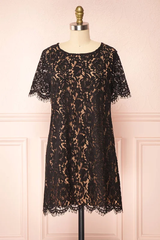 Stylish Statements Vintage Charm Apama Black | Floral Lace Short Sleeve Dress