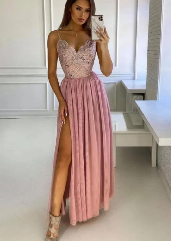 Seasonal Picks Boho - Chic Festival - Ready Style PINK V NECK LACE LONG PROM DRESS PINK BRIDESMAID DRESS   cg17660