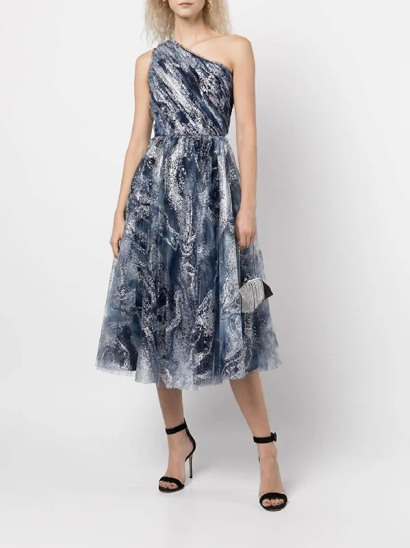 Modern Chic Discounts Boho - Chic Festival - Ready Style One-Shoulder Tulle Tea-Length Gown In Navy